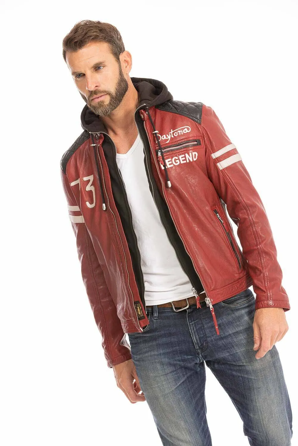 Blouson cuir capuche homme rouge style moto