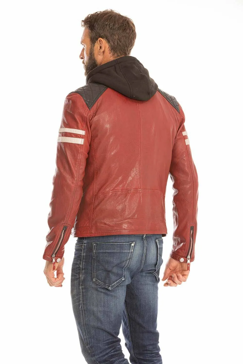 Blouson cuir capuche homme rouge style moto