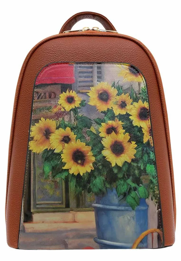 Femme Cuir Vegan Brun Sac à dos - Peace of Flowers Motif