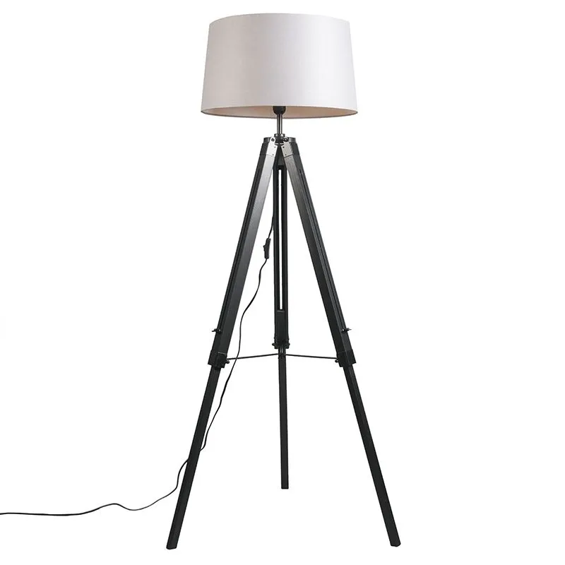 Lampadaire Tripod noir avec abat-jour 45cm lin gris clair
