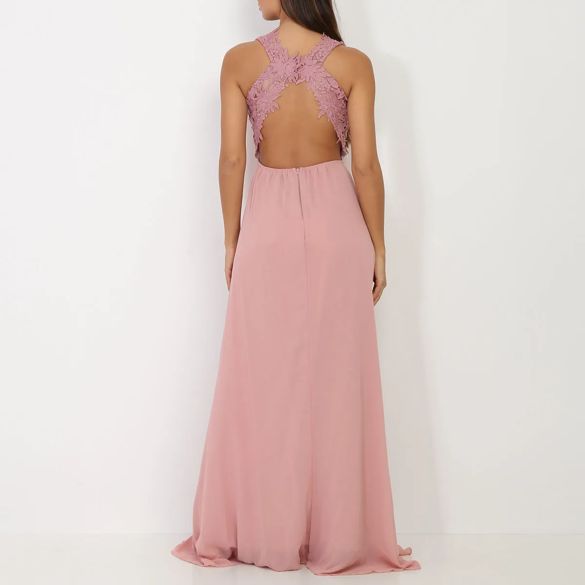 Robe longue à broderies fleuries- Vieux rose