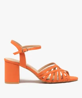 sandales a talon carre unies avec brides croisees orange sandales a talon