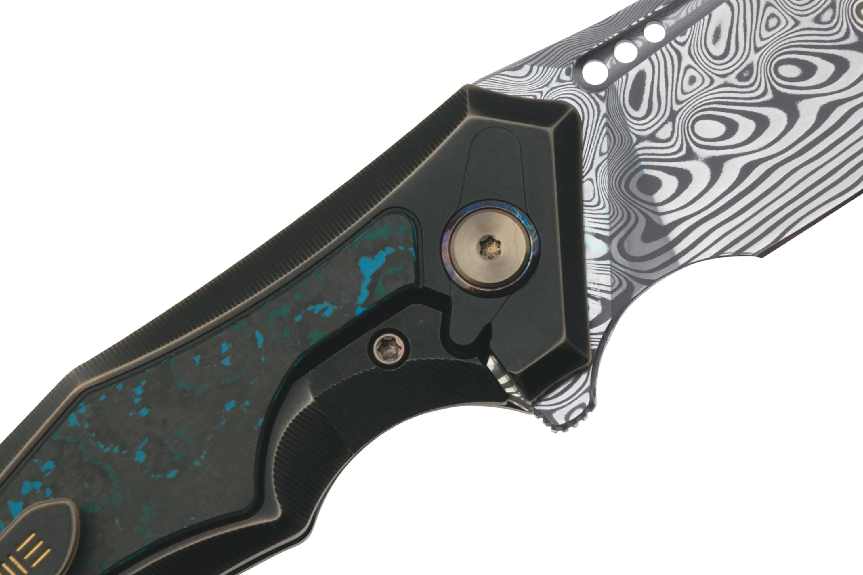 WE Knife Orpheus WE23009-DS1, Hakkapella Damasteel, Bronze And Black Titanium, Arctic Storm Fat Carbon, couteau de poche